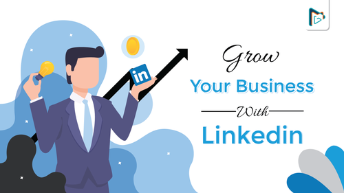 Text on image "grow your business with LinkedIN" Man in suit with LI logo