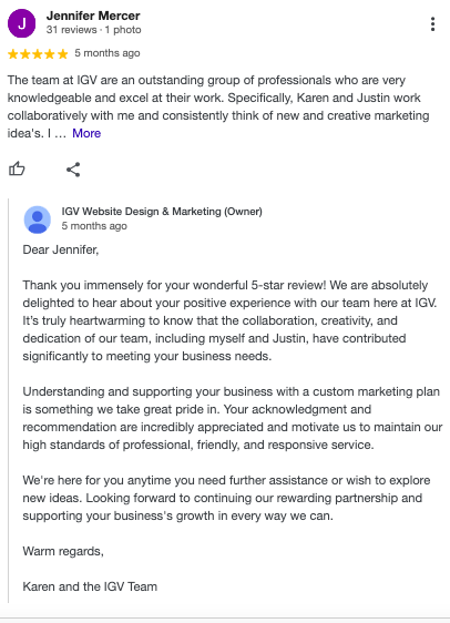 A google review and a response from the owners of Innovative Global Vision.