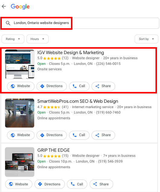 A local pack of business, including Innovative Global Vision, as a result of a google search. The search was "London, Ontario website designers".