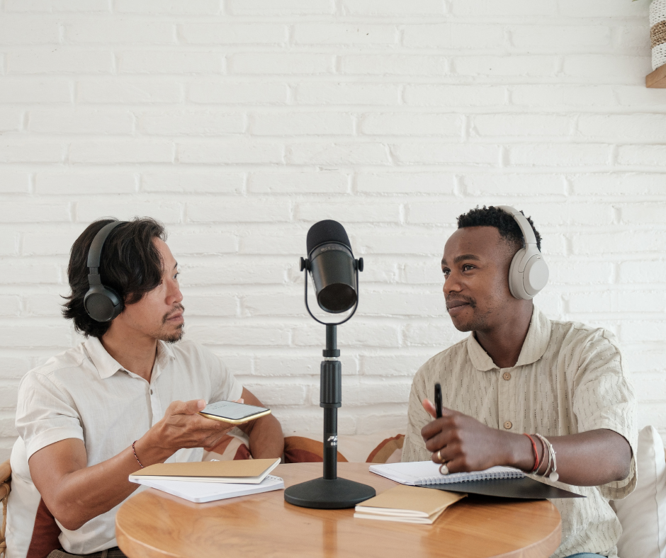 Two men creating a podcast episode.