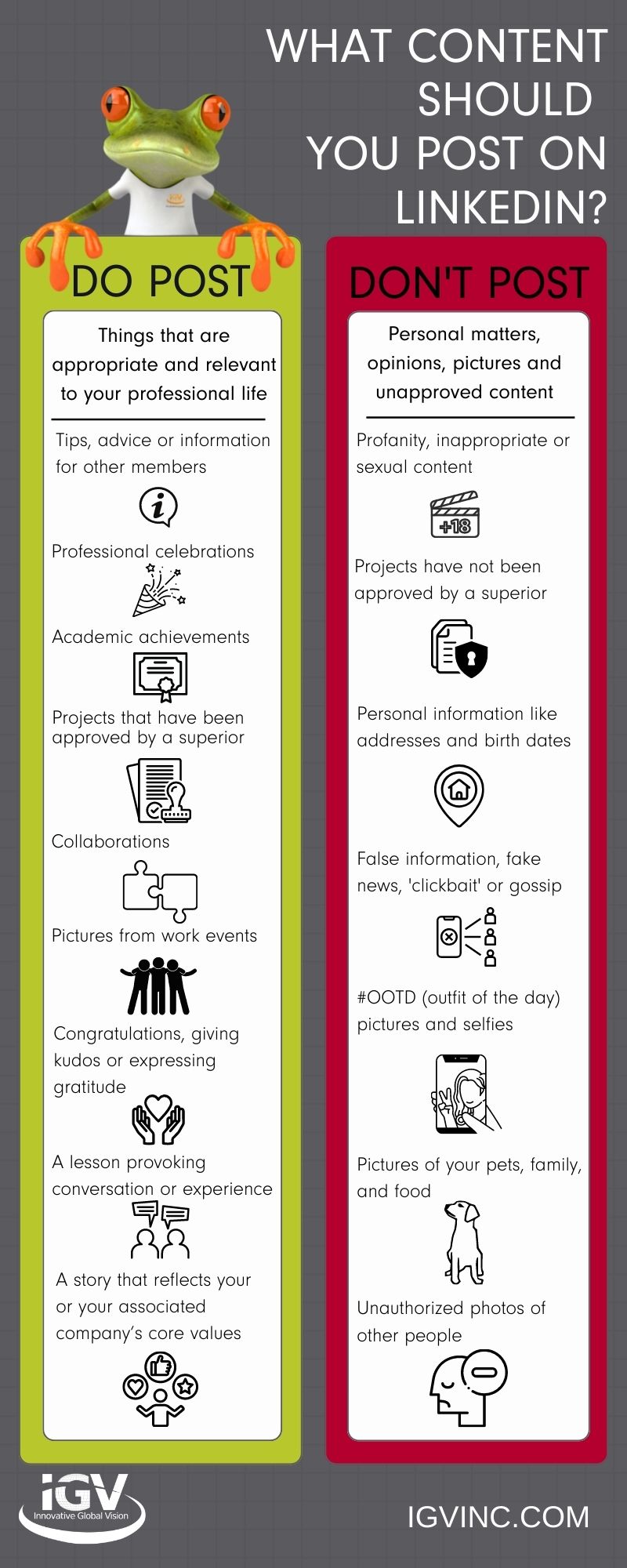 infographic outlining the do's and don'ts of posting on LinkedIn