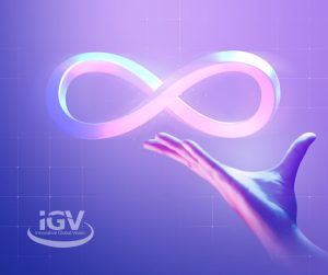 purple pastel color background with meta infinity logo lit up over open hand IGV logo bottom left.